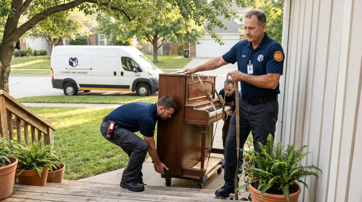 Licensed piano movers securing grand piano in Bellingham, MA