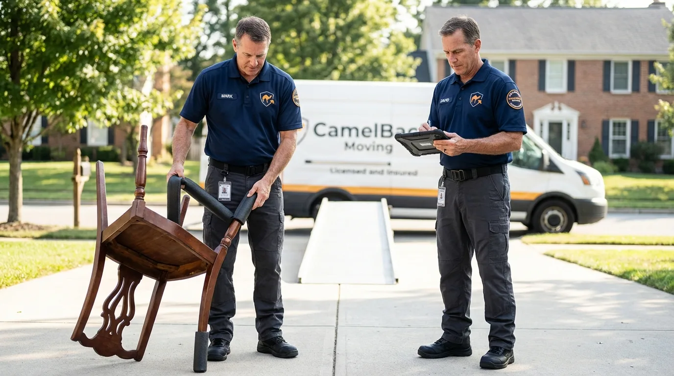 Movers inspecting furniture for damage prevention before loading in Bellingham, MA