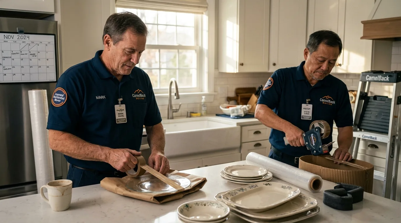 Professional crew packing kitchen dishware in Bellingham, MA